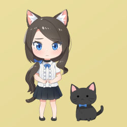 Rule 34 | 1girl, aina (mao lian), animal ear fluff, animal ears, black choker, black footwear, blue bow, blue eyes, blush, bow, bowtie, brown hair, cat, cat ears, cat tail, chibi, choker, closed mouth, fidgeting, fingers together, hair over shoulder, highres, long hair, looking at viewer, mao lian (nekokao), miniskirt, original, pleated skirt, shirt, shoes, short sleeves, simple background, skirt, smile, solo, standing, tail, very long hair, white shirt, yellow background