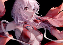Rule 34 | 1girl, absurdres, bare shoulders, black background, breasts, center opening, cleavage, detached sleeves, elbow gloves, fingerless gloves, floating hair, gloves, guilty crown, hair ornament, hairclip, highres, long hair, looking at viewer, medium breasts, nielc27, open mouth, pink hair, red eyes, red sheet, simple background, solo, twintails, upper body, yuzuriha inori