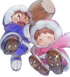 Rule 34 | 1boy, 1girl, :d, blush, brown hair, clothing request, commentary request, closed eyes, glint, hammer, highres, holding, holding hammer, home (houmei), ice climber, looking at viewer, nana (ice climber), nintendo, open mouth, popo (ice climber), simple background, smile, super smash bros., white background