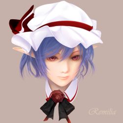 Rule 34 | 1girl, ascot, blue hair, character name, female focus, flower, hat, hat ribbon, head, lucia (artist), pointy ears, portrait, realistic, red eyes, remilia scarlet, ribbon, rose, short hair, simple background, solo, touhou
