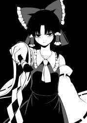 Rule 34 | 1girl, arm up, ascot, bare shoulders, black background, black dress, black eyes, black hair, bow, breasts, closed mouth, collar, collared dress, detached sleeves, dress, gohei, grey bow, greyscale, hair between eyes, hair ornament, hair tubes, hakurei reimu, hand up, highres, long sleeves, looking at viewer, medium breasts, monochrome, shiguma (signalmass), short hair, simple background, solo, touhou, white ascot, wide sleeves