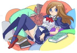 Rule 34 | 1girl, blue eyes, blue thighhighs, book, breasts, brown hair, capelet, castlevania (series), castlevania: portrait of ruin, charlotte aulin, closed mouth, dress, konami, long hair, looking at viewer, oyster (artist), pillow, skirt, solo, thighhighs