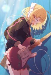 Rule 34 | 1girl, absurdres, black jacket, blonde hair, blue background, blush, commission, electric guitar, guitar, hair ornament, hairclip, headphones, highres, holding, holding guitar, holding instrument, instrument, jacket, long sleeves, looking down, music, open mouth, original, playing instrument, shiro9jira, simple background, skeb commission, skirt, smile, solo, yellow eyes