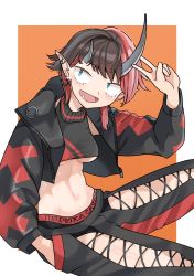 Rule 34 | 1girl, absurdres, andorrasoda, black hair, black jacket, black pants, black sports bra, blue eyes, breasts, chain, commentary request, cowboy shot, cropped jacket, cross-laced pants, demon girl, demon horns, ear chain, ear piercing, highres, horns, jacket, looking to the side, medium breasts, midriff, multicolored hair, nanashi inc., navel, open clothes, open jacket, open mouth, orange background, pants, piercing, pointy ears, red hair, red pants, red sports bra, russian text, ryugasaki rene, ryugasaki rene (1st costume), short hair, simple background, smile, solo, sports bra, sugar lyric, two-tone background, two-tone hair, two-tone pants, underboob, v, virtual youtuber, white background, zipper