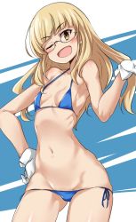 Rule 34 | 1girl, ;d, bikini, blonde hair, blue bikini, blush, breasts, buta-don, collarbone, glasses, gloves, hand on own hip, highres, long hair, looking at viewer, navel, one eye closed, open mouth, perrine h. clostermann, side-tie bikini bottom, skindentation, small breasts, smile, solo, strike witches, swimsuit, white gloves, world witches series, yellow eyes