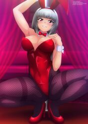 Rule 34 | 1girl, absurdres, animal ears, blush, bow, bowtie, breasts, cleavage, collarbone, curtains, detached collar, fake animal ears, fishnets, grey hair, grin, high heels, highres, kanna albeecht, large breasts, leotard, looking at viewer, pantyhose, playboy bunny, pole, pole dancing, rabbit ears, red bow, red bowtie, red eyes, red footwear, red leotard, shoes, short hair, smile, squatting, teeth, wrist cuffs, yukino memories, zel-sama