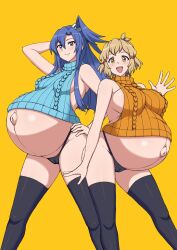 Rule 34 | 2girls, big belly, bikini, black thighhighs, blue hair, blush, breasts, brown hair, cameltoe, closed mouth, from below, grey eyes, groin, hair ornament, hairclip, hand on own hip, highres, kazanari tsubasa, knightraid000, large breasts, long hair, looking at viewer, medium breasts, meme attire, midriff, multiple girls, open mouth, outie navel, pregnant, ribbed sweater, senki zesshou symphogear, short hair, side ponytail, sideboob, sidelocks, sleeveless, sleeveless sweater, smile, standing, sweater, swimsuit, tachibana hibiki (symphogear), thighhighs, thighs, turtleneck, turtleneck sweater, virgin killer sweater, yellow eyes