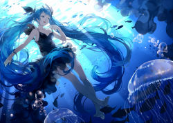 Rule 34 | 1girl, bare shoulders, barefoot, black dress, blue eyes, blue hair, bubble, dress, snake hair, hatsune miku, jellyfish, legs, long hair, matching hair/eyes, nine (liuyuhao1992), open mouth, solo, twintails, underwater, very long hair, vocaloid