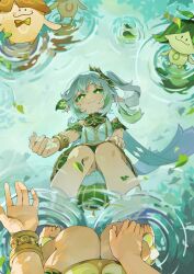 Rule 34 | + +, 1girl, absurdres, aranara (genshin impact), asymmetrical hair, barefoot, bloomers, bow, bowtie, bracelet, bright pupils, collared dress, creature, cross-shaped pupils, day, detached sleeves, dress, female pov, from above, genshin impact, green eyes, green hair, grey hair, hair ornament, highres, jewelry, knees together feet apart, leaf, leaf hair ornament, looking down, medium hair, metal bracelet, multicolored hair, nahida (genshin impact), outdoors, outstretched arm, pointy ears, pov, reflection, reflective water, ripples, side ponytail, smile, solo focus, squatting, standing, standing on liquid, streaked hair, symbol-shaped pupils, tuanzi610, two-tone hair, underwear, upskirt, water, white dress, yellow bow, yellow bowtie