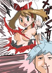 Rule 34 | 1boy, 1girl, blood, breasts, brown hair, creatures (company), energy, exploding clothes, game freak, green eyes, hainchu, may (pokemon), nintendo, nude, pokemon, serious, short hair, sketch