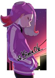 Rule 34 | 1girl, alternate costume, artist name, border, closed mouth, colored tips, commentary, eyeshadow, from side, hands in pockets, highres, kiora06, long hair, makeup, multicolored hair, nintendo, octoling, outside border, purple sweater, red eyes, red eyeshadow, red hair, shiver (splatoon), short eyebrows, solo, splatoon (series), splatoon 3, standing, sweater, tentacle hair, thick eyebrows, twitter username, two-tone hair, white border