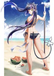 Rule 34 | 1girl, nanashi inc., ass, barefoot, beach, bikini, black bikini, black hair, blue sky, blunt bangs, blush, breasts, closed mouth, cloud, commentary request, day, demon girl, demon horns, demon tail, expressionless, food, fruit, full body, highres, holding, holding staff, horizon, horns, kojo anna, long hair, looking at viewer, looking back, medium breasts, multicolored hair, ocean, outdoors, pillarboxed, pointy ears, purple hair, sand, sky, solo, sone (cortisone), staff, standing, sugar lyric, suikawari, swimsuit, tail, twintails, two-tone hair, very long hair, virtual youtuber, water, watermelon, yellow eyes