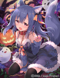 Rule 34 | 1girl, :o, ange vierge, animal ears, bare shoulders, bare tree, bat earrings, between breasts, between legs, black thighhighs, blue hair, blue skirt, blush, breasts, chain, collar, copyright name, detached sleeves, earrings, fang, full moon, ghost, halloween, hand between legs, jack-o&#039;-lantern, jewelry, looking at viewer, medium breasts, moon, nail polish, night, official art, outdoors, paw pose, pink eyes, purple nails, red collar, shamonor, sitting, skirt, solo, spider web print, tail, thighhighs, tree, wariza, watermark, wolf ears, wolf tail