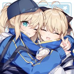 Rule 34 | 2girls, :d, ahoge, artoria pendragon (fate), backpack, bag, baseball cap, black bow, black headwear, blonde hair, blue eyes, blue jacket, blush, bow, character request, drinking straw, fate/grand order, fate (series), grin, hair bow, hat, hug, jacket, kamiowl, long sleeves, looking at viewer, multiple girls, mysterious heroine x (fate), open mouth, ponytail, scarf, smile, v