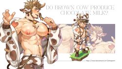 Rule 34 | 1boy, abs, absurdres, adoptable, animal costume, animal ears, animal print, arkapami, bandaid, bandaid on face, bandaid on nose, bara, bare pectorals, bell, blush, bottle, brown hair, bulge, chest hair, chibi, chocolate banana, cow boy, cow costume, cow ears, cow horns, cow print, cow tail, cowbell, ear tag, facial hair, feet out of frame, goatee, highres, horns, jacket, jacket partially removed, knuckle hair, lactation, large pectorals, licking, long sideburns, looking at viewer, looking back, male focus, male lactation, milk, milk bottle, muscular, muscular male, navel, navel hair, nipples, off shoulder, original, pectorals, seductive smile, short hair, sideburns, smile, stomach, stubble, tail, thick eyebrows