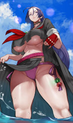 Rule 34 | 1girl, breasts, clothes lift, clothing cutout, collar, dress, fate/grand order, fate (series), from below, gloves, highres, knees, large breasts, lifted by self, lips, minamoto no raikou (fate), navel, navel cutout, o-ring, o-ring bottom, panties, panty peek, parted bangs, purple eyes, purple hair, sailor collar, sailor dress, sailor senshi uniform, sash, skin tight, skindentation, skirt, skirt lift, sleeves rolled up, solo, standing, thick thighs, thighs, underboob, underwear, upshirt, water, yoshio (55level)