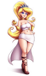 Rule 34 | 1girl, apple, black footwear, blonde hair, blue eyes, bracelet, breasts, choker, cleavage, closed mouth, curvy, eris (the grim adventures of billy &amp; mandy), eyeliner, food, fruit, hand on own hip, high heels, holding, holding food, holding fruit, jewelry, large breasts, lipstick, long hair, looking at viewer, makeup, mazume, medium breasts, navel, shirt, simple background, single-shoulder shirt, single strap, skirt, sleeveless, sleeveless shirt, smile, solo, standing, the grim adventures of billy &amp; mandy, thighs, tiara, wavy hair, white background, white shirt, white skirt, wide hips