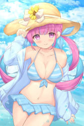 Rule 34 | 1girl, absurdres, bikini, blue bikini, blue hair, blue nails, braid, breasts, closed mouth, cloud, collarbone, colored inner hair, commentary request, flower, hand on headwear, hat, highres, hololive, jacket, kanti15, large breasts, looking at viewer, minato aqua, mixed-language commentary, multicolored hair, nail polish, navel, off shoulder, open clothes, open jacket, pink eyes, pink hair, pleated skirt, skirt, sky, sleeves past wrists, smile, solo, sparkle, streaked hair, swimsuit, twintails, two-tone hair, virtual youtuber, water