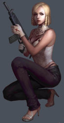 Rule 34 | 1girl, absurdres, bare shoulders, blonde hair, blue background, bra, counter-strike, counter-strike (series), cross, denim, gloves, gun, high heels, highres, holding, holding weapon, jeans, jewelry, lingerie, lips, military, necklace, pants, shirt, shoes, simple background, sitting, sleeveless, sleeveless shirt, solo, squatting, submachine gun, suppressor, thong, toes, underwear, weapon, white footwear, white gloves, white shirt