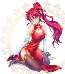 Rule 34 | 1girl, bare shoulders, blush, breasts, brown thighhighs, china dress, chinese clothes, circlet, cleavage, cleavage cutout, clothing cutout, commentary request, dress, elbow gloves, floral print, forehead protector, full body, gloves, gold trim, green eyes, high heels, highres, iesupa, long hair, medium breasts, pelvic curtain, ponytail, pyrrha nikos, red china dress, red eyes, red hair, red theme, rwby, sitting, solo, thighhighs, wariza, white gloves