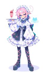 Rule 34 | 1boy, black thighhighs, blue eyes, blush, bright pupils, closed mouth, crossdressing, cup, drinking glass, full body, heterochromia, high heels, highres, holding, holding tray, long sleeves, looking at viewer, maid, maid headdress, male focus, medium hair, original, pink eyes, pink hair, raito-kun (uenomigi), short twintails, simple background, solo, thighhighs, trap, tray, twintails, uenomigi, white background, white pupils