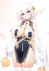 Rule 34 | &gt; &lt;, 1girl, :o, azur lane, between breasts, blush, braid, breast curtains, breasts, cape, cleavage, covered navel, cowboy shot, eyelashes, flower, flying sweatdrops, garter straps, gloves, gradient background, hair flower, hair ornament, head tilt, highres, large breasts, looking at viewer, manjuu (azur lane), nekono matatabi, parted lips, petals, pink eyes, revealing clothes, rose, short hair, silver hair, sirius (azur lane), sirius (azure horizons) (azur lane), skindentation, thighhighs, thighs, white background, white cape, white gloves, white thighhighs, yellow flower, yellow rose