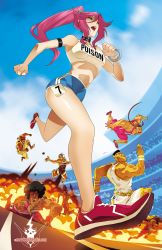 Rule 34 | 1girl, 6+boys, abigail (final fight), afro, alternate hairstyle, axl (final fight), beret, black hair, blonde hair, blue eyes, blue shorts, blue sky, breasts, clenched hands, collar, commentary, thrasher damnd, day, english commentary, explosion, explosive, final fight, fleeing, grenade, gym shorts, hat, hibiki dan, highres, hugo andore, large breasts, lipstick, long hair, mad gear, makeup, metalhanzo, midriff, mohawk, multiple boys, muscular, odd one out, open mouth, photoshop (medium), pink hair, poison (final fight), ponytail, rolento, running, shorts, sky, solo focus, sports bra, stadium, street fighter, street fighter zero (series), studded collar, teeth, two p, upper teeth only, white sports bra