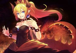 Rule 34 | 1girl, armlet, bare shoulders, black dress, blonde hair, blue eyes, bowsette, bracelet, breasts, cleavage, collarbone, commentary request, dress, earrings, fingernails, grin, horns, jewelry, large breasts, long fingernails, long hair, mario (series), nail polish, new super mario bros. u deluxe, nintendo, pointy ears, ponytail, sharp teeth, shell, smile, solo, spiked armlet, spiked bracelet, spiked tail, spikes, strapless, strapless dress, sugi 214, super crown, tail, teeth
