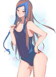 Rule 34 | 1boy, blue hair, blush, braid, brown hair, bulge, crossdressing, dek, highres, long hair, male focus, multicolored hair, one-piece swimsuit, open mouth, penis in swimsuit, red eyes, school swimsuit, shion (kof), snk, solo, standing, swimsuit, the king of fighters, trap, very long hair