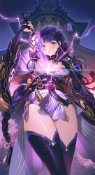 Rule 34 | 1girl, armor, blush, braid, breasts, bridal gauntlets, duplicate, energy sword, fingernails, genshin impact, highres, holding, human scabbard, japanese clothes, large breasts, lightning, long hair, looking at viewer, mhk (mechamania), mitsudomoe (shape), nail polish, obi, parted lips, pixel-perfect duplicate, raiden shogun, sash, shiny clothes, shiny skin, shoulder armor, simple background, single braid, solo, sword, thighs, tomoe (symbol), weapon, wide sleeves