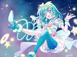 Rule 34 | 1girl, :d, absurdres, antennae, aqua eyes, aqua hair, choker, commentary, cure milky, drawing, earrings, floating, floating hair, hagoromo lala, hair ornament, hairband, highres, inuko (nozomi1118), jewelry, looking at viewer, magical girl, nail polish, open mouth, pointy ears, pouch, precure, see-through, see-through sleeves, single leg pantyhose, smile, solo, space, star-shaped pupils, star (sky), star (symbol), star color pen, star earrings, star hair ornament, star in eye, star twinkle precure, symbol-shaped pupils, symbol in eye, twitter username, wrist cuffs, yellow hairband, zero gravity