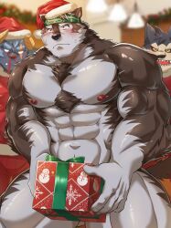 Rule 34 | 3boys, abs, aroused nosebleed, artist request, bara, character request, chest hair, chest tuft, christmas, covering crotch, covering privates, demon boy, dog boy, feet out of frame, from below, furry, furry male, gift, gluteal fold, grey fur, grey hair, hat, headband, highres, holding, holding gift, horkeu kamui, indoors, krampus (housamo), large pectorals, male focus, mature male, multiple boys, muscular, muscular male, nervous sweating, nipples, pectorals, red headwear, santa costume, santa hat, short hair, shy, solo focus, strongman waist, sweat, thick eyebrows, thick thighs, thighs, tokyo houkago summoners, two-tone fur, v-shaped eyebrows, v-shaped eyes, white fur, wolf boy, yaoi, yellow eyes