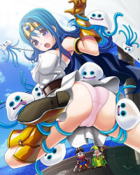 Rule 34 | 1girl, 2boys, :d, :o, :p, aqua hair, arm grab, arm up, armlet, armpits, ass, bad id, bad pixiv id, bdsm, beard, belt, black hair, blood, blue eyes, blue hair, blue sky, blush, bondage, boots, bound, breasts, cameltoe, cape, chunsoft, circlet, cleft of venus, cloud, constricted pupils, covered erect nipples, dragon quest, dragon quest iii, dress, enix, facial hair, flying, from behind, gem, gloves, gradient hair, hair between eyes, hair intakes, hat, high heels, holding, interspecies, knee boots, large breasts, leg grab, long hair, looking at viewer, looking back, mage (dq3), man o&#039; war (dragon quest), monster, multicolored hair, multiple boys, net, nosebleed, ocean, open mouth, outdoors, panties, pantyshot, pink panties, purple eyes, restrained, robe, roto (dq3), sage (dq3), shield, ship, shoes, short dress, short hair, sky, smile, spiked hair, spread legs, staff, standing, staring, surprised, suspension, sword, tentacles, tongue, tongue out, underwear, upside-down, upskirt, v-mag, water, watercraft, weapon, white hair, wizard hat