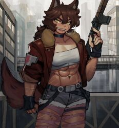 Rule 34 | 1girl, abs, animal ears, assault rifle, brown hair, cigarette, cityscape, ezzydraws, fingerless gloves, fur trim, gloves, gun, highres, jacket, multiple scars, muscular, muscular female, open clothes, open jacket, original, rifle, scar, scar across eye, scar on face, sharp teeth, short shorts, shorts, sleeves rolled up, smoking, solo, tail, tank top, teeth, toned, trigger discipline, weapon, wolf ears, wolf girl, wolf tail, yellow eyes
