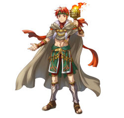 Rule 34 | 1boy, cape, capelet, fire, fire emblem, fire emblem: radiant dawn, full body, fur-trimmed capelet, fur trim, headband, indesign, looking at viewer, midriff, navel, nintendo, official alternate costume, official art, red eyes, red hair, red scarf, scarf, smile, solo, tachi-e, torch, tormod (fire emblem), tormod (indomitable will) (fire emblem)