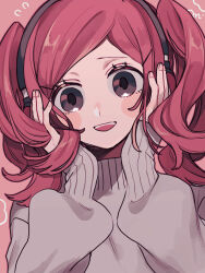 Rule 34 | 1girl, blush stickers, brown eyes, hands on own cheeks, hands on own face, headphones, highres, long hair, long sleeves, looking at viewer, maco22, open mouth, original, pink hair, sleeves past wrists, smile, solo, sweater, twintails, upper body