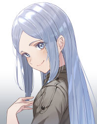 Rule 34 | 1girl, 86 -eightysix-, absurdres, anju emma, blue eyes, blue hair, blush, closed mouth, dunggeul dunggeul, from side, gradient background, grey jacket, hand up, highres, jacket, light blue hair, looking at viewer, mole, mole under eye, parted bangs, simple background, smile, solo, turning head, upper body, white background