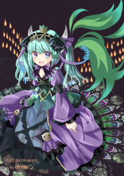 Rule 34 | 1girl, :d, a-na, aqua hair, artist name, astaroth (p&amp;d), blush, bow, copyright name, crown, demon girl, demon horns, dress, fang, fire, frilled sleeves, frills, hair ornament, hairband, horns, long hair, long sleeves, lunacats, mini crown, open mouth, plant, puffy long sleeves, puffy sleeves, purple bow, purple dress, purple eyes, puzzle &amp; dragons, sitting, smile, solo, stained glass, tiara, twintails, wings, yokozuwari