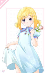 Rule 34 | 00s, aged down, alicia florence, aria (manga), blonde hair, blue dress, blush stickers, clothes lift, dress, dress lift, flower, holding, jjapse, purple eyes, short twintails, signature, smile, solo, twintails, watermark