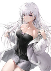 Rule 34 | 1girl, bare shoulders, black shirt, breasts, cleavage, collarbone, cowboy shot, expressionless, grey shorts, hand up, haori io, highres, jacket, long hair, long sleeves, looking at viewer, medium breasts, nail polish, off shoulder, open clothes, open jacket, original, red eyes, shirt, short shorts, shorts, signature, simple background, sleeveless, sleeveless shirt, solo, strapless, strapless shirt, tube top, white background, white hair, white jacket