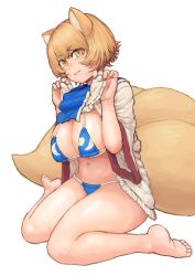 Rule 34 | 1girl, absurdres, animal ears, bare legs, bikini, blonde hair, blue bikini, breasts, chanta (ayatakaoisii), clothes lift, dress, dress lift, fox ears, fox tail, from side, hands up, highres, large breasts, looking at viewer, looking to the side, micro bikini, multiple tails, navel, short hair, simple background, sitting, slit pupils, smile, solo, sweat, swimsuit, tabard, tail, touhou, wariza, white background, white dress, yakumo ran, yellow eyes