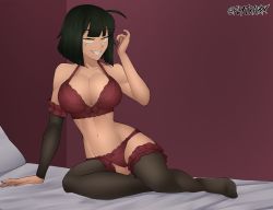 Rule 34 | 1girl, black hair, black thighhighs, bra, breasts, cleavage, flytrapxx, hand up, highres, large breasts, liz (flytrapxx), medium hair, mole, mole under eye, navel, on bed, original, panties, parted lips, red bra, red panties, sitting, smile, solo, thighhighs, twitter username, underwear, underwear only, yellow eyes