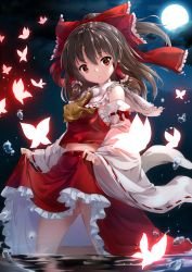 Rule 34 | 1girl, ascot, bow, brown hair, bug, butterfly, chest sarashi, clothes lift, detached sleeves, fujino (yoshi9798174), full moon, hair bow, hair tubes, hakurei reimu, insect, long hair, looking at viewer, midriff, moon, navel, night, night sky, outdoors, red bow, red eyes, red skirt, ribbon-trimmed sleeves, ribbon trim, sarashi, skirt, skirt lift, skirt set, sky, solo, sparkle, standing, star (sky), starry sky, touhou, vest, wading, water, water drop