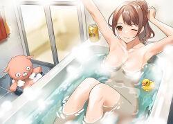 Rule 34 | 1girl, alcohol, arm up, armpits, bare legs, bath, bathing, bathroom, bathtub, beer, beer can, belly, blush, breasts, brown eyes, brown hair, can, closed mouth, convenient censoring, door, doushimasho, drink can, glass door, large breasts, legs, navel, nose blush, one eye closed, original, partially submerged, ponytail, rubber duck, steam, steam censor, stretching, stuffed animal, stuffed toy, towel, towel rack, water, wet