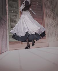 Rule 34 | ambiguous gender, apron, black dress, black footwear, black legwear, dress, gloves, hands on own chest, head out of frame, high heels, highres, long dress, long sleeves, maid, maid apron, meido-fuku ga mitai, original, puffy long sleeves, puffy sleeves, solo, standing, white gloves, window shutter