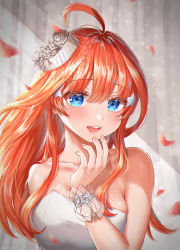 Rule 34 | 1girl, :d, absurdres, ahoge, bare arms, bare shoulders, blue eyes, blush, breasts, collarbone, commentary request, dress, go-toubun no hanayome, grey dress, grey headwear, grey rose, hair ornament, hand up, highres, long hair, looking at viewer, medium breasts, nakano itsuki, open mouth, petals, red hair, round teeth, sidelocks, smile, solo, star (symbol), star hair ornament, strapless, strapless dress, syatihoko, teeth, upper body, upper teeth only, veil, wrist cuffs
