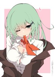 Rule 34 | 1girl, breasts, brown jacket, cleavage, commentary request, dress shirt, green eyes, green hair, hair ornament, hairclip, heart, highres, jacket, kantai collection, large breasts, looking at viewer, medium breasts, necktie, one eye closed, orange neckwear, partially unbuttoned, sakakiba misogi, shirt, signature, solo, suzuya (kancolle), two-tone background, undone necktie, upper body, white shirt