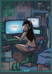 Rule 34 | 1girl, absurdres, artist name, backlighting, bed, bed sheet, bedroom, black hair, bodysuit, book, bottle, box, breasts, blowing bubbles, chair, chewing gum, unworn clothes, computer, crossed legs, d.va (overwatch), dark, desk, dolphin shorts, doritos, facial mark, from behind, full body, glowing, green eyes, headphones, highres, indoors, kai e, keyboard (computer), long hair, looking at viewer, looking back, mecha, medium breasts, messy, model, monitor, mountain dew, office chair, otaku room, overwatch, overwatch 1, pilot suit, playing games, poster (object), robot, shelf, short shorts, shorts, signature, sitting, sketch, solo, speaker, starcraft, swept bangs, swivel chair, topfreedom, topless, whisker markings