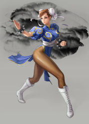 Rule 34 | 1girl, boots, breasts, brown eyes, brown hair, bun cover, capcom, chinese clothes, chun-li, double bun, female focus, fighting stance, hair bun, haoran zhao, highres, large breasts, martial arts, pantyhose, side slit, simple background, solo, street fighter