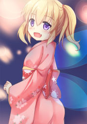 Rule 34 | 1girl, ass, blonde hair, fairy wings, fang, floral print, japanese clothes, kimono, niiya, obi, open mouth, purple eyes, sash, smile, solo, sunny milk, touhou, twintails, wings